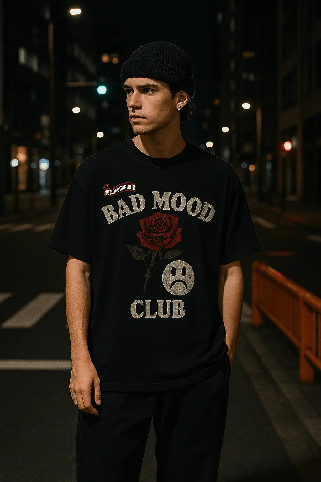 Unisex BAD MOOD CLUB Graphic T-Shirt – Sad Face & Rose Dark Streetwear Tee - Blade & Thread