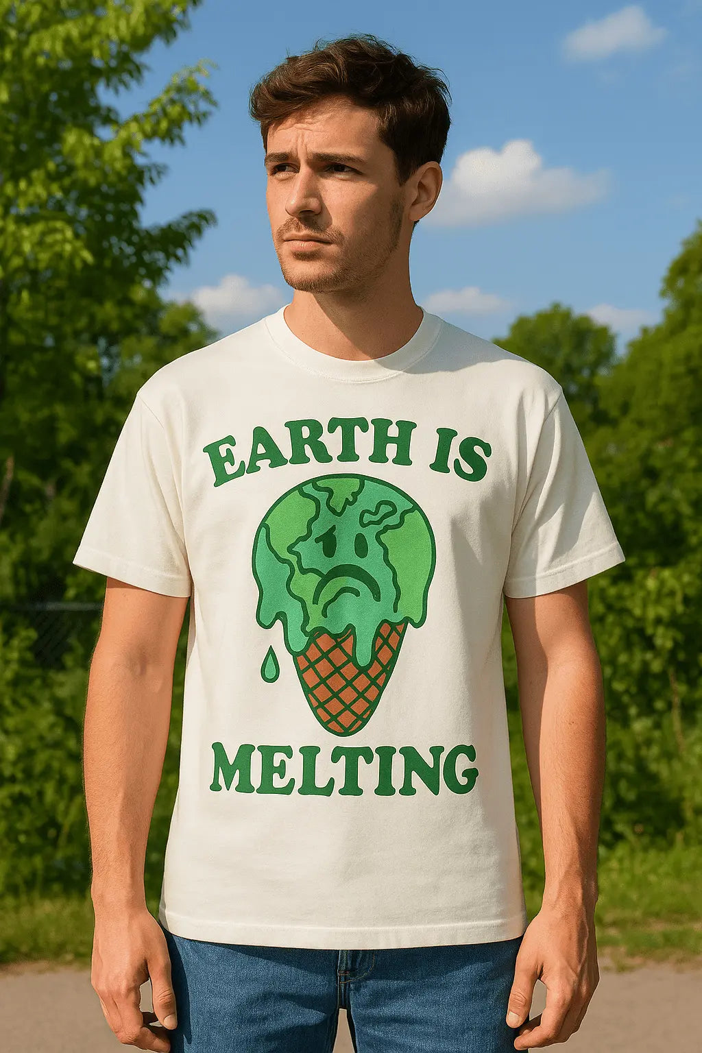 Unisex Eco Graphic T-Shirt – EARTH IS MELTING Sad Globe Ice Cream Print Tee - Blade & Thread
