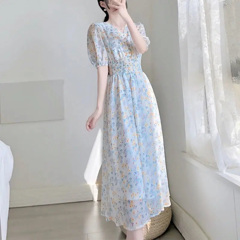 V-neck Chiffon Floral Dress Women Spring Summer Fairy Long Dresses Female nowadaysfashion