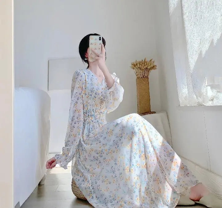 V-neck Chiffon Floral Dress Women Spring Summer Fairy Long Dresses Female - Blade & Thread