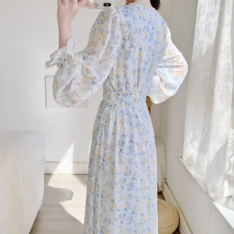 V-neck Chiffon Floral Dress Women Spring Summer Fairy Long Dresses Female - Blade & Thread