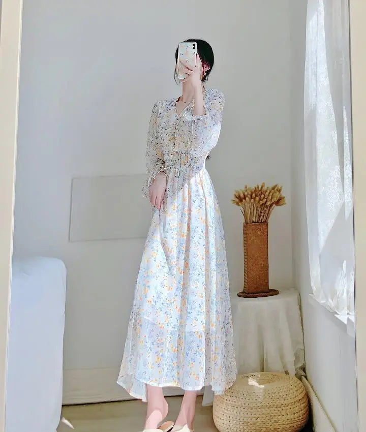 V-neck Chiffon Floral Dress Women Spring Summer Fairy Long Dresses Female - Blade & Thread