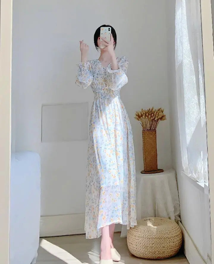 V-neck Chiffon Floral Dress Women Spring Summer Fairy Long Dresses Female nowadaysfashion