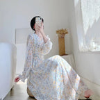 V-neck Chiffon Floral Dress Women Spring Summer Fairy Long Dresses Female nowadaysfashion