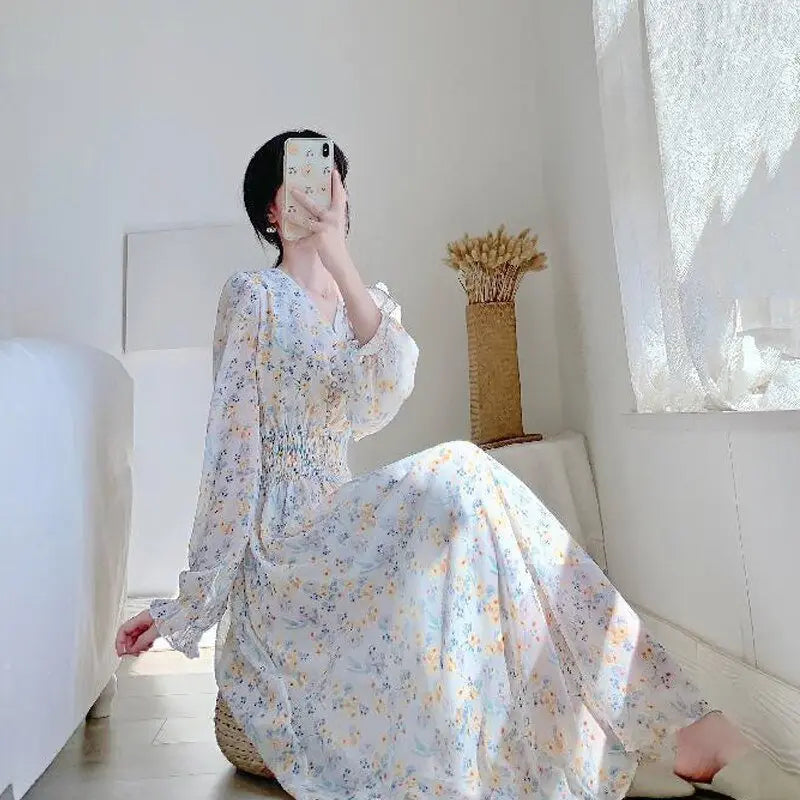 V-neck Chiffon Floral Dress Women Spring Summer Fairy Long Dresses Female - Blade & Thread