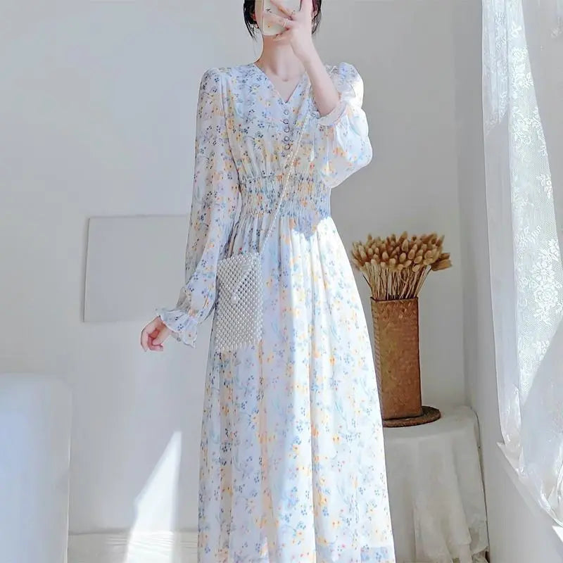 V-neck Chiffon Floral Dress Women Spring Summer Fairy Long Dresses Female - Blade & Thread