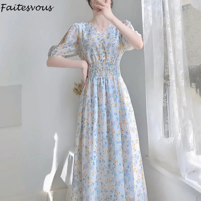 V-neck Chiffon Floral Dress Women Spring Summer Fairy Long Dresses Female - Blade & Thread
