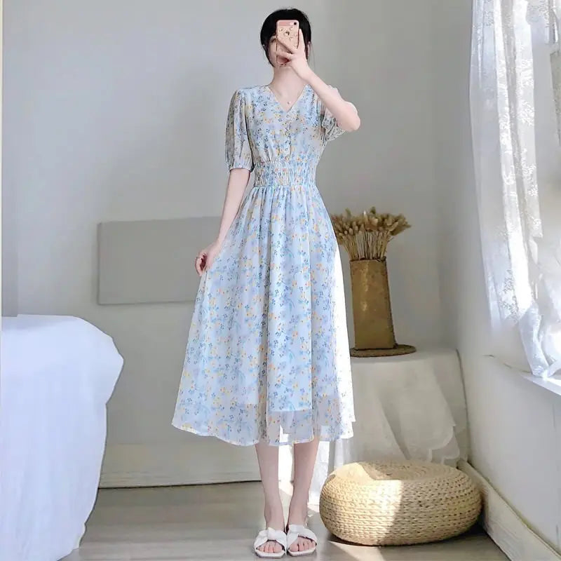 V-neck Chiffon Floral Dress Women Spring Summer Fairy Long Dresses Female nowadaysfashion