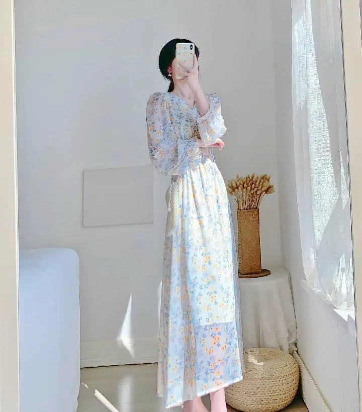 V-neck Chiffon Floral Dress Women Spring Summer Fairy Long Dresses Female - Blade & Thread