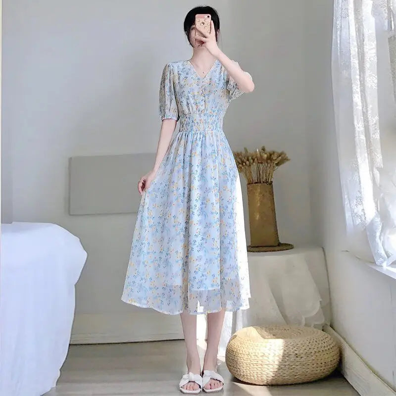 V-neck Chiffon Floral Dress Women Spring Summer Fairy Long Dresses Female - Blade & Thread