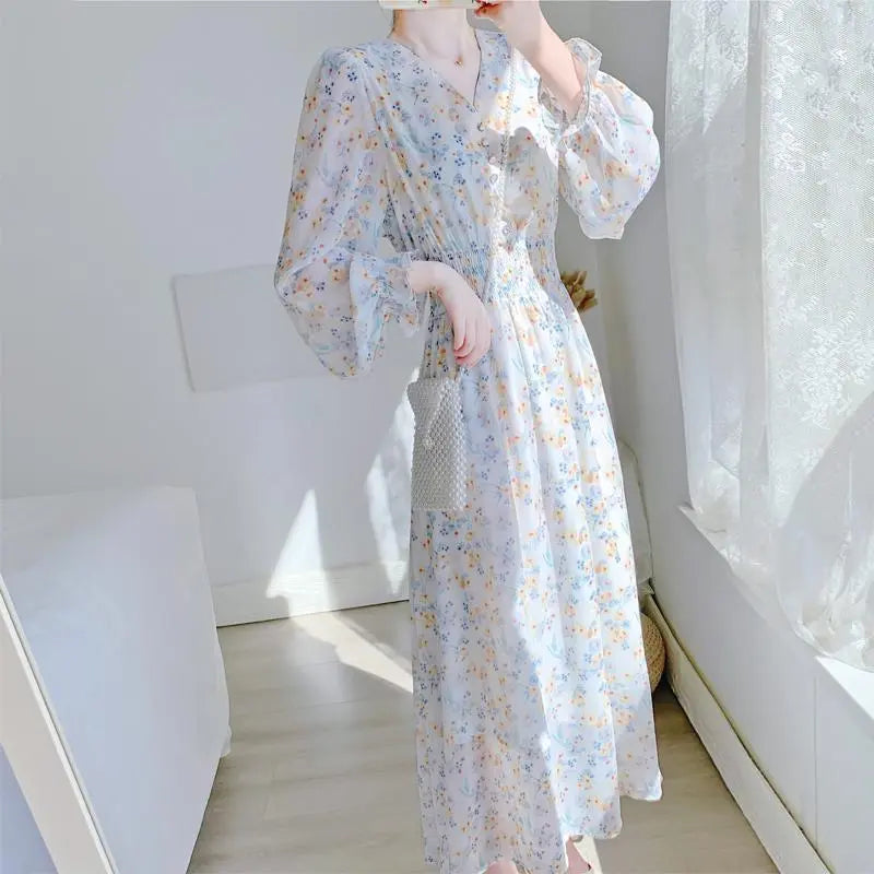 V-neck Chiffon Floral Dress Women Spring Summer Fairy Long Dresses Female - Blade & Thread