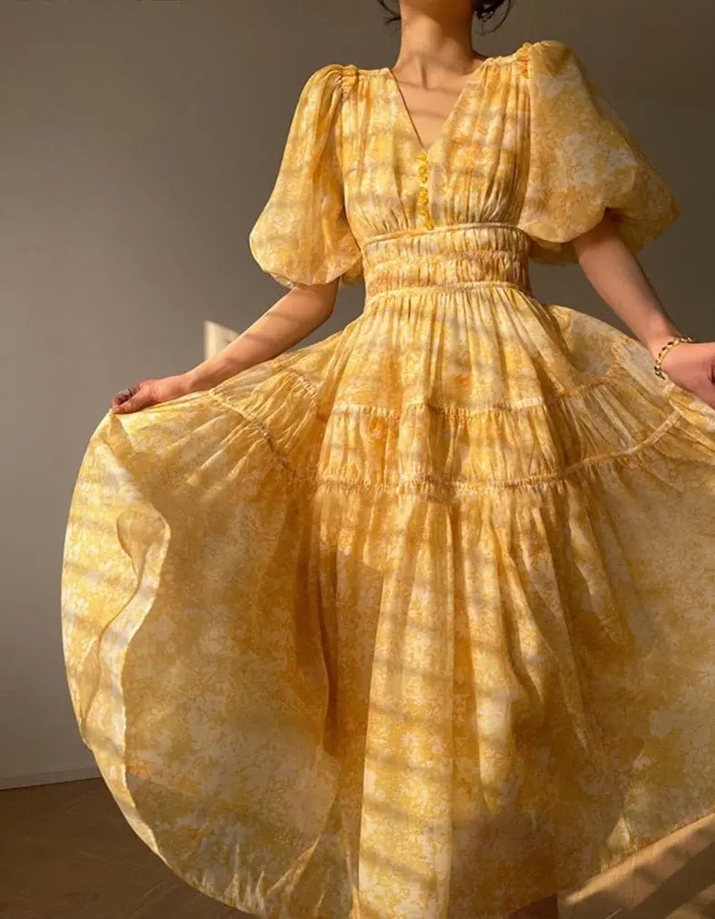 V-neck Elastic Waist Ladies Floral Printed Dress Spring Summer Vintage Puff - Blade & Thread