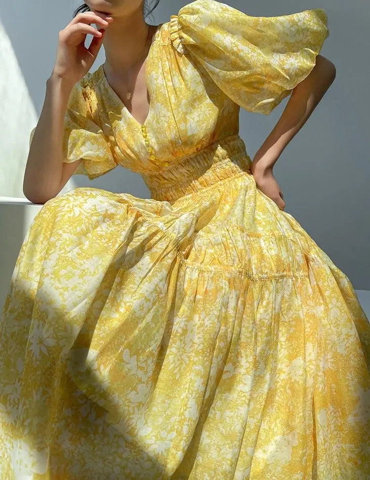 V-neck Elastic Waist Ladies Floral Printed Dress Spring Summer Vintage Puff nowadaysfashion