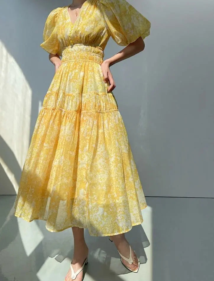 V-neck Elastic Waist Ladies Floral Printed Dress Spring Summer Vintage Puff - Blade & Thread