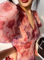 V-neck Floral Printed Dress Women Elegant Puff Sleeve Slim A-line Dress nowadaysfashion