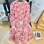V-neck Floral Printed Dress Women Elegant Puff Sleeve Slim A-line Dress nowadaysfashion