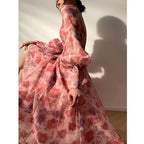 V-neck Floral Printed Dress Women Elegant Puff Sleeve Slim A-line Dress nowadaysfashion