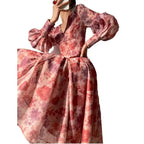 V-neck Floral Printed Dress Women Elegant Puff Sleeve Slim A-line Dress nowadaysfashion