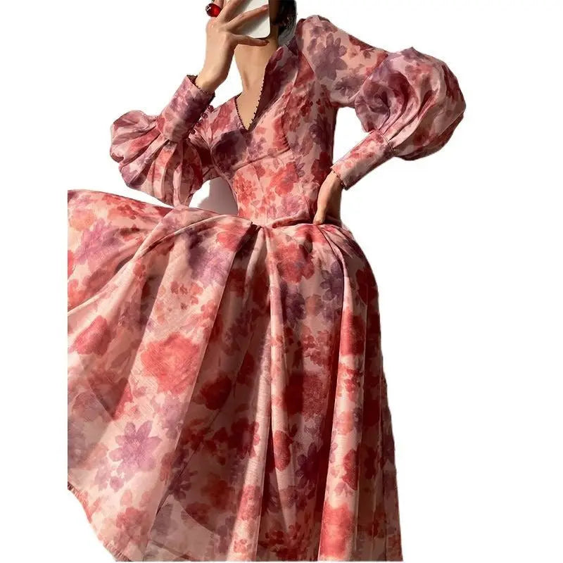 V-neck Floral Printed Dress Women Elegant Puff Sleeve Slim A-line Dress nowadaysfashion