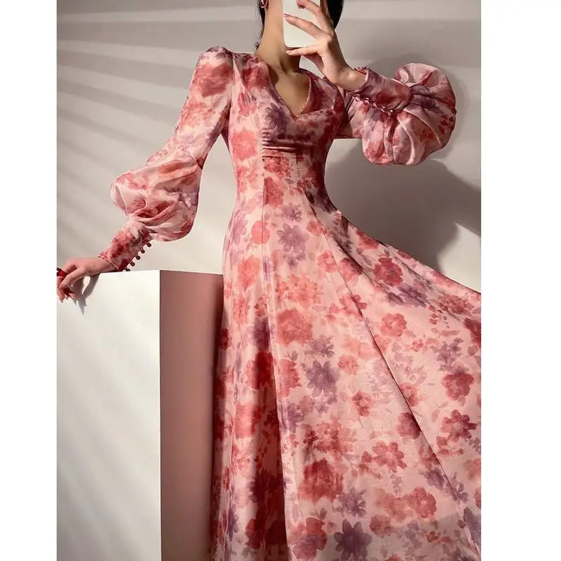 V-neck Floral Printed Dress Women Elegant Puff Sleeve Slim A-line Dress - Blade & Thread