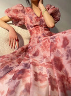 V-neck Floral Printed Dress Women Elegant Puff Sleeve Slim A-line Dress nowadaysfashion