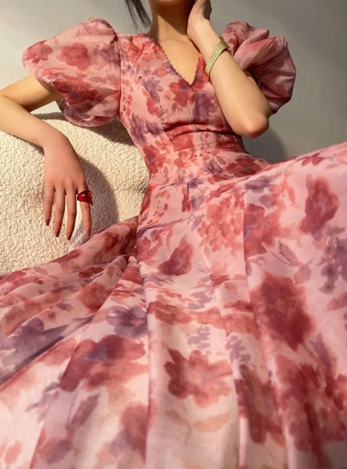 V-neck Floral Printed Dress Women Elegant Puff Sleeve Slim A-line Dress nowadaysfashion