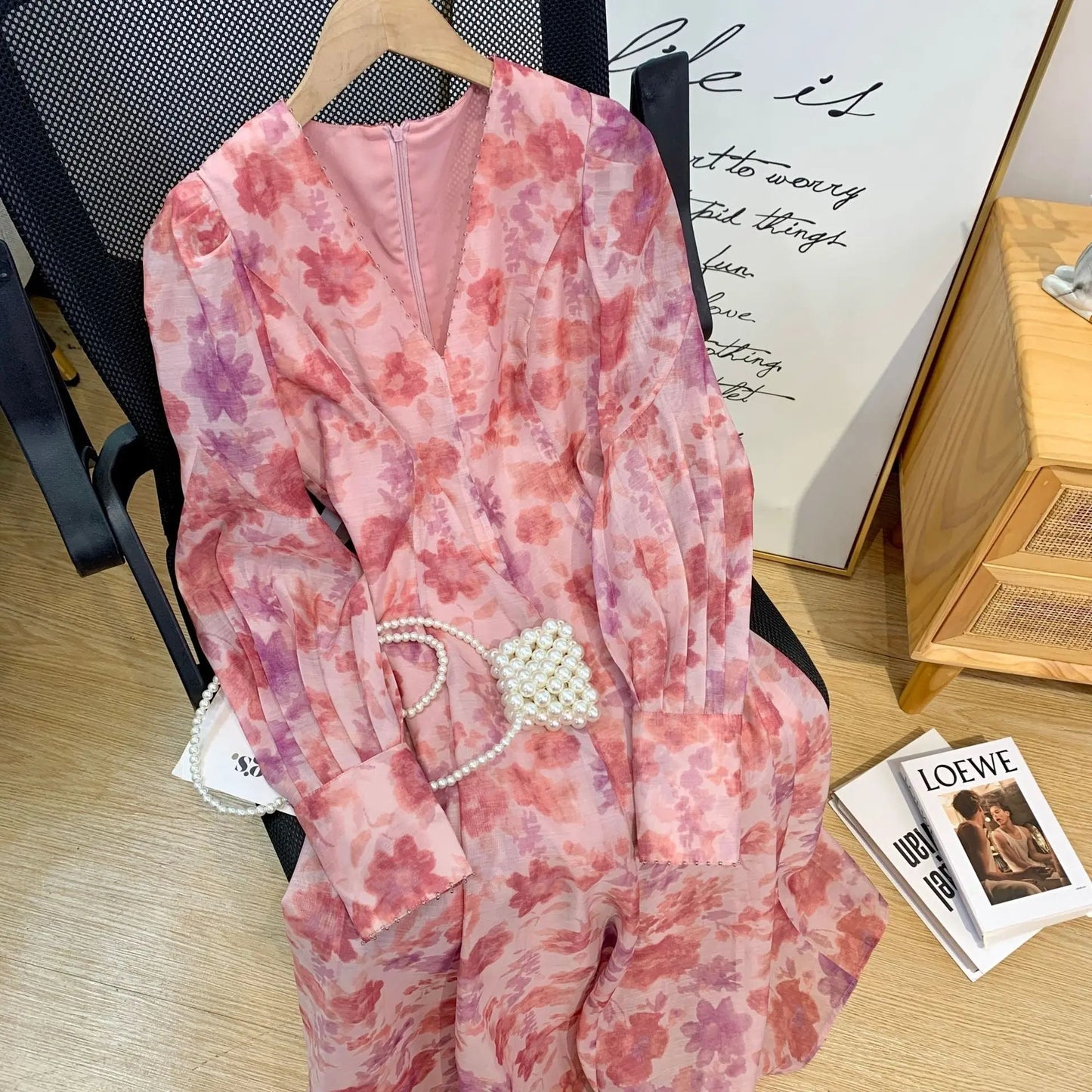 V-neck Floral Printed Dress Women Elegant Puff Sleeve Slim A-line Dress - Blade & Thread