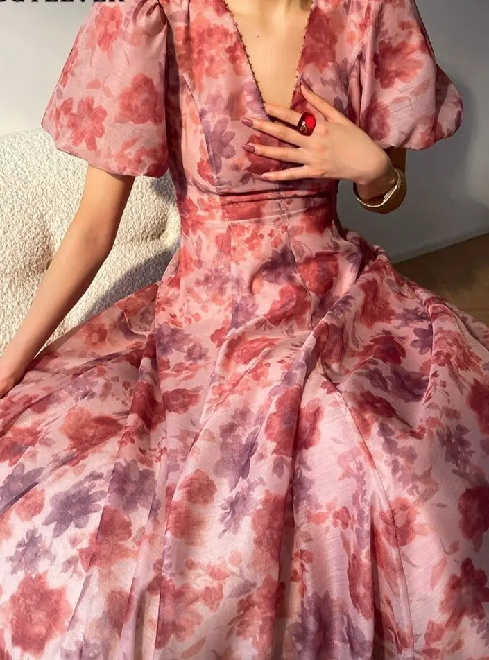 V-neck Floral Printed Dress Women Elegant Puff Sleeve Slim A-line Dress - Blade & Thread