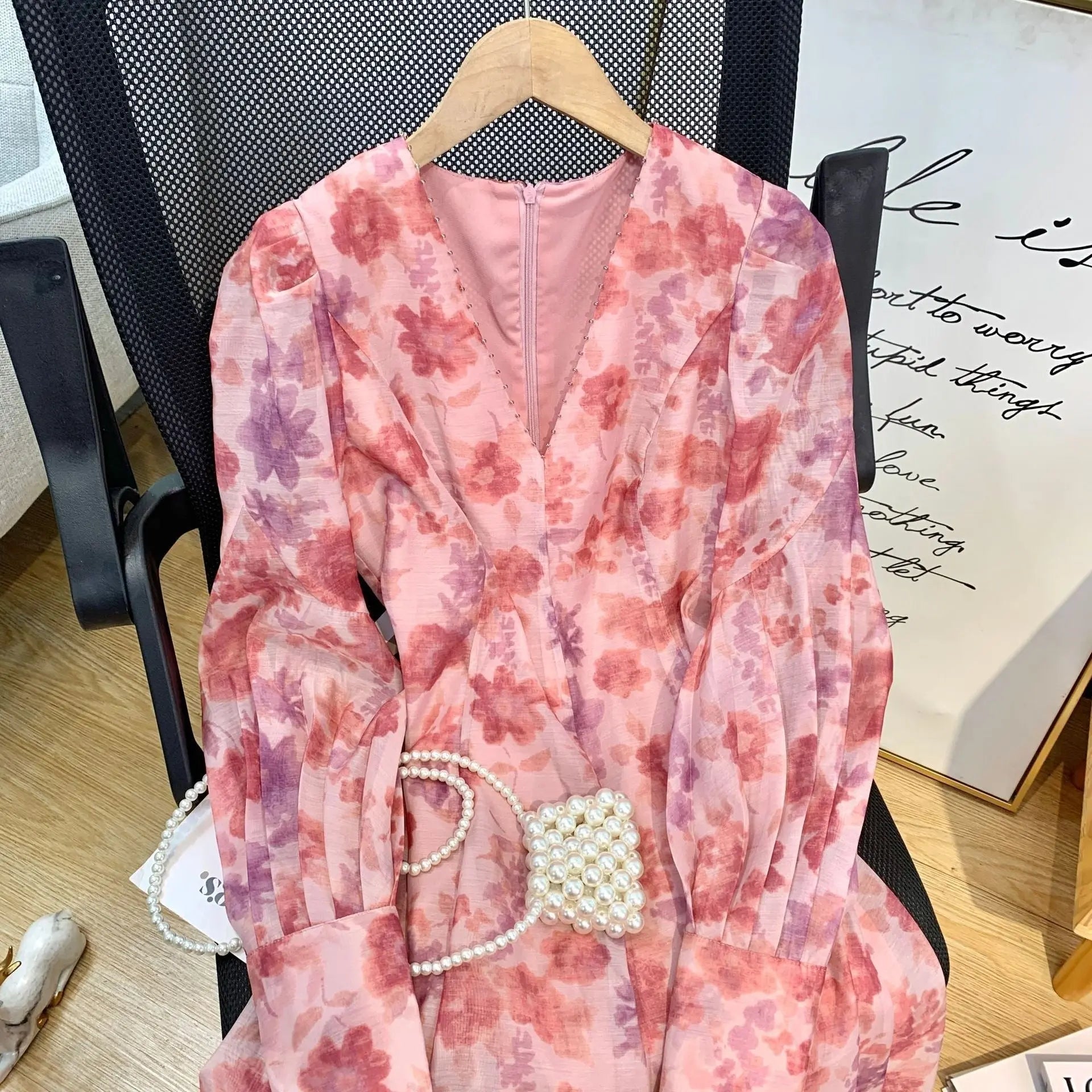 V-neck Floral Printed Dress Women Elegant Puff Sleeve Slim A-line Dress nowadaysfashion