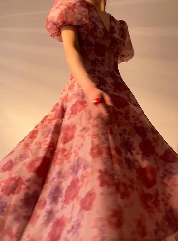 V-neck Floral Printed Dress Women Elegant Puff Sleeve Slim A-line Dress nowadaysfashion