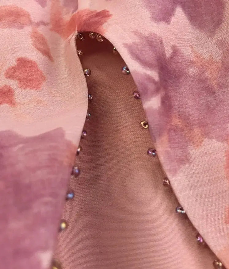 V-neck Floral Printed Dress Women Elegant Puff Sleeve Slim A-line Dress - Blade & Thread
