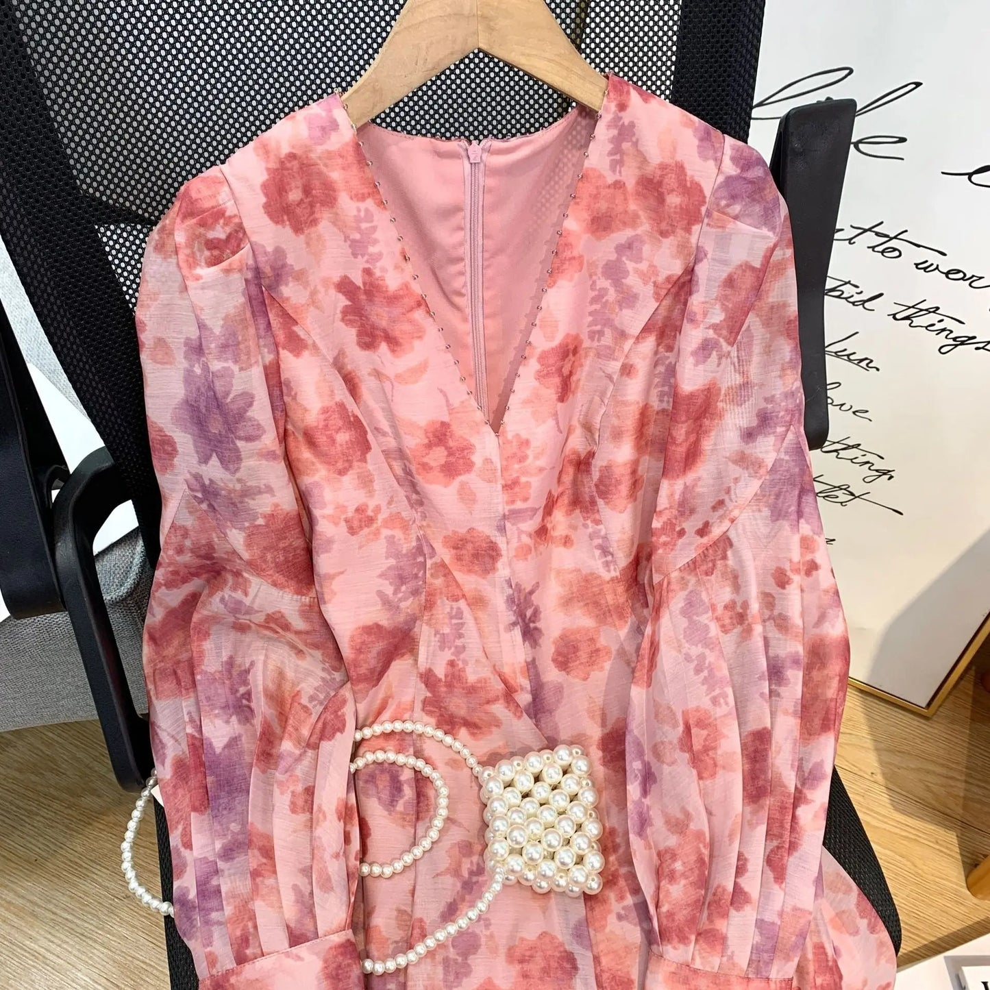 V-neck Floral Printed Dress Women Elegant Puff Sleeve Slim A-line Dress - Blade & Thread
