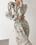 V-neck Long Sleeve Printed Dress Slim Waist Lace-up Split Midi Dress vestidos nowadaysfashion