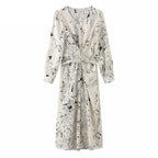 V-neck Long Sleeve Printed Dress Slim Waist Lace-up Split Midi Dress vestidos nowadaysfashion