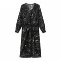 V-neck Long Sleeve Printed Dress Slim Waist Lace-up Split Midi Dress vestidos nowadaysfashion