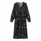 V-neck Long Sleeve Printed Dress Slim Waist Lace-up Split Midi Dress vestidos nowadaysfashion