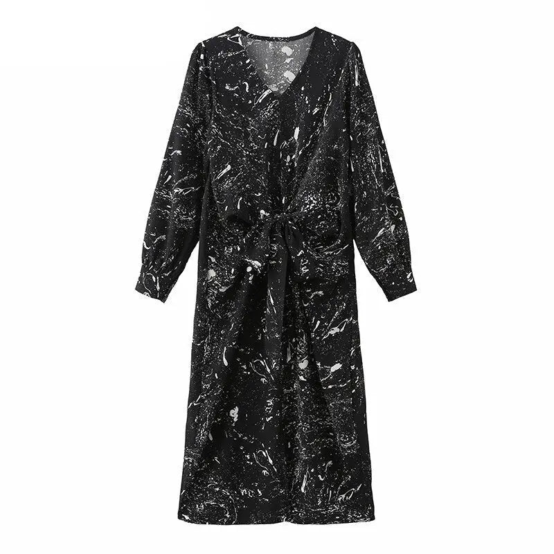 V-neck Long Sleeve Printed Dress Slim Waist Lace-up Split Midi Dress vestidos nowadaysfashion