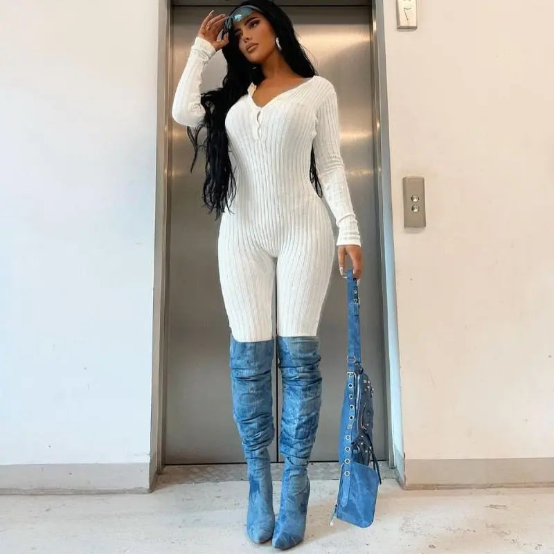 V-Neck Long Sleeves Buttons Bodycon Skinny Jumpsuit Rompers - Blade & Thread