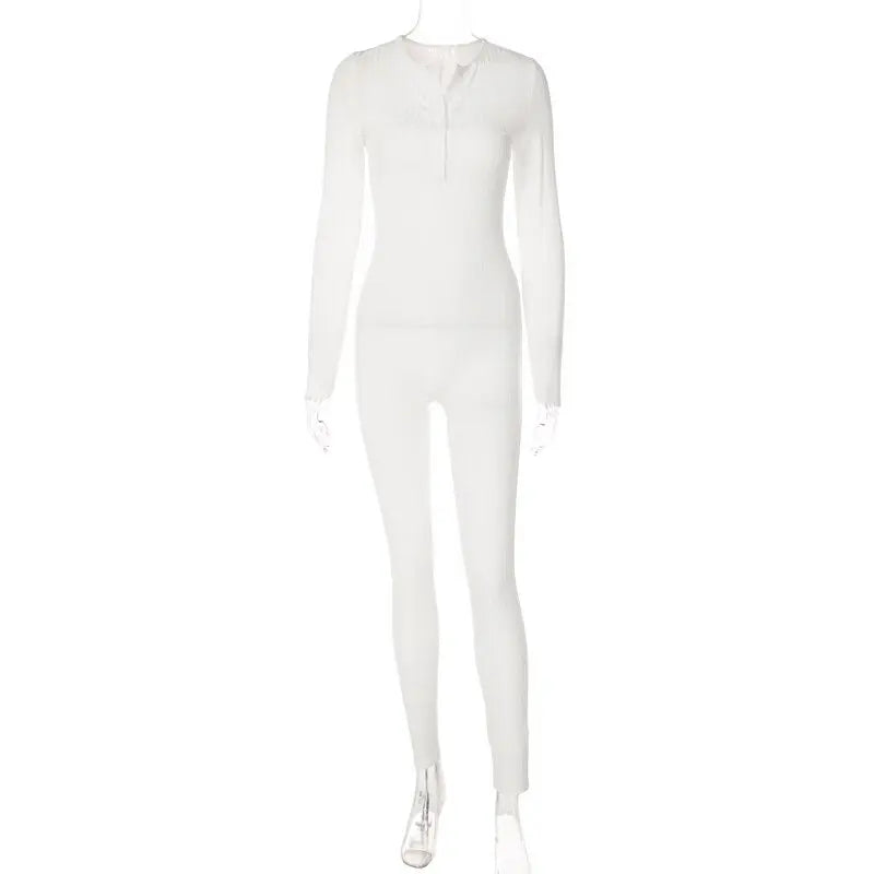 V-Neck Long Sleeves Buttons Bodycon Skinny Jumpsuit Rompers nowadaysfashion