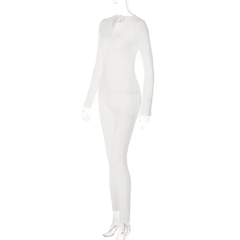 V-Neck Long Sleeves Buttons Bodycon Skinny Jumpsuit Rompers - Blade & Thread
