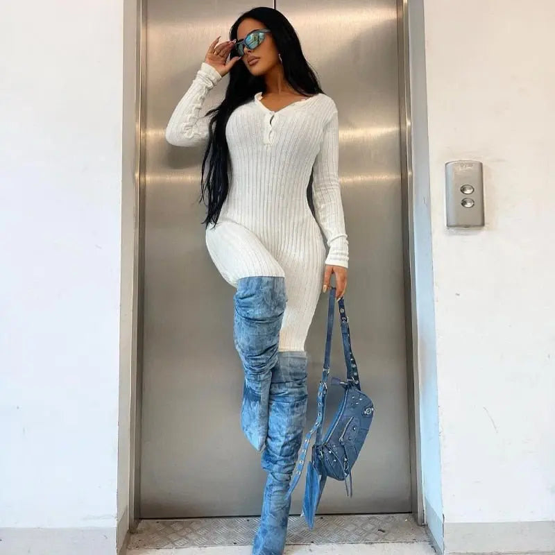 V-Neck Long Sleeves Buttons Bodycon Skinny Jumpsuit Rompers - Blade & Thread