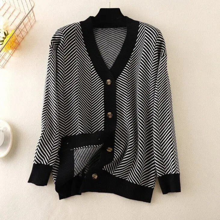 V-neck Striped Cardigans Sweaters Long Sleeve Loose Knitted Open Stitch Outwear nowadaysfashion