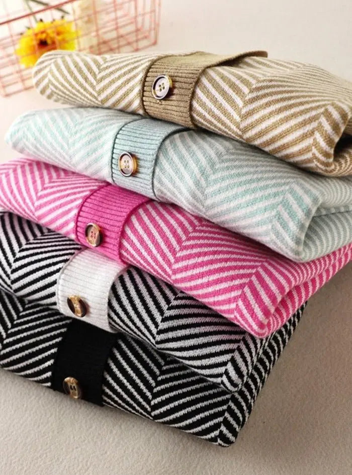 V-neck Striped Cardigans Sweaters Long Sleeve Loose Knitted Open Stitch Outwear - Blade & Thread