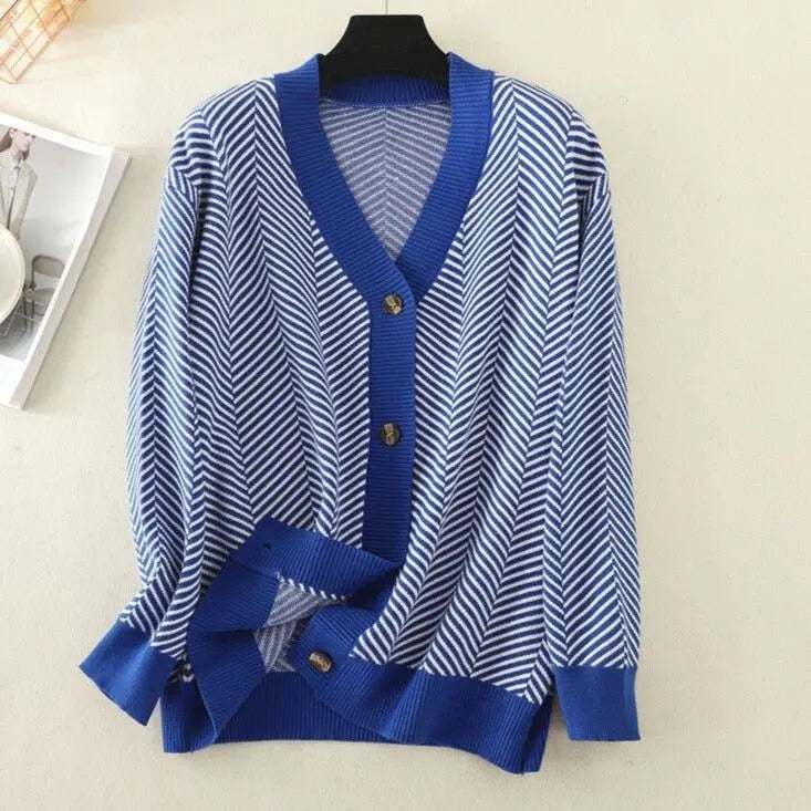 V-neck Striped Cardigans Sweaters Long Sleeve Loose Knitted Open Stitch Outwear - Blade & Thread