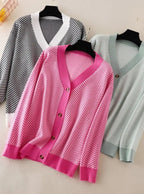 V-neck Striped Cardigans Sweaters Long Sleeve Loose Knitted Open Stitch Outwear nowadaysfashion