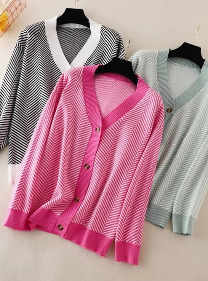V-neck Striped Cardigans Sweaters Long Sleeve Loose Knitted Open Stitch Outwear - Blade & Thread
