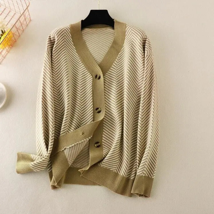 V-neck Striped Cardigans Sweaters Long Sleeve Loose Knitted Open Stitch Outwear - Blade & Thread