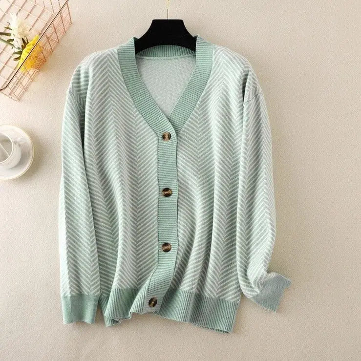 V-neck Striped Cardigans Sweaters Long Sleeve Loose Knitted Open Stitch Outwear nowadaysfashion