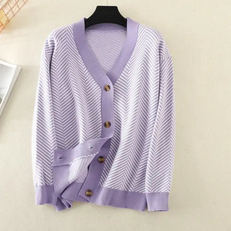 V-neck Striped Cardigans Sweaters Long Sleeve Loose Knitted Open Stitch Outwear nowadaysfashion