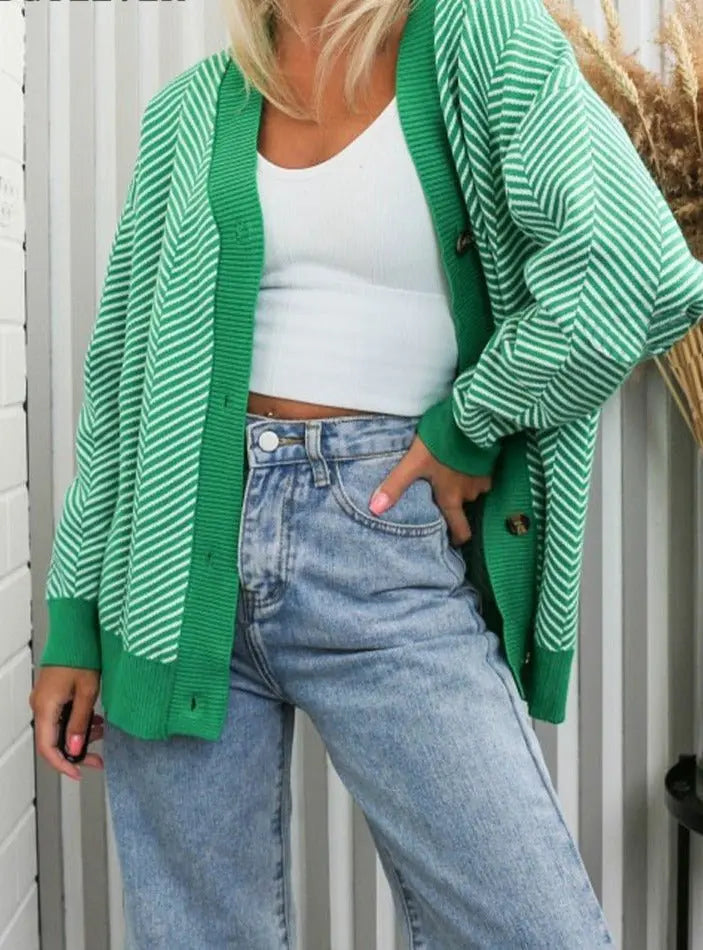 V-neck Striped Cardigans Sweaters Long Sleeve Loose Knitted Open Stitch Outwear - Blade & Thread